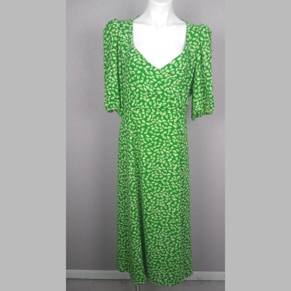 WAYF Floral Daisy Green Faux Wrap Midi Dress L - Picture 2 of 16